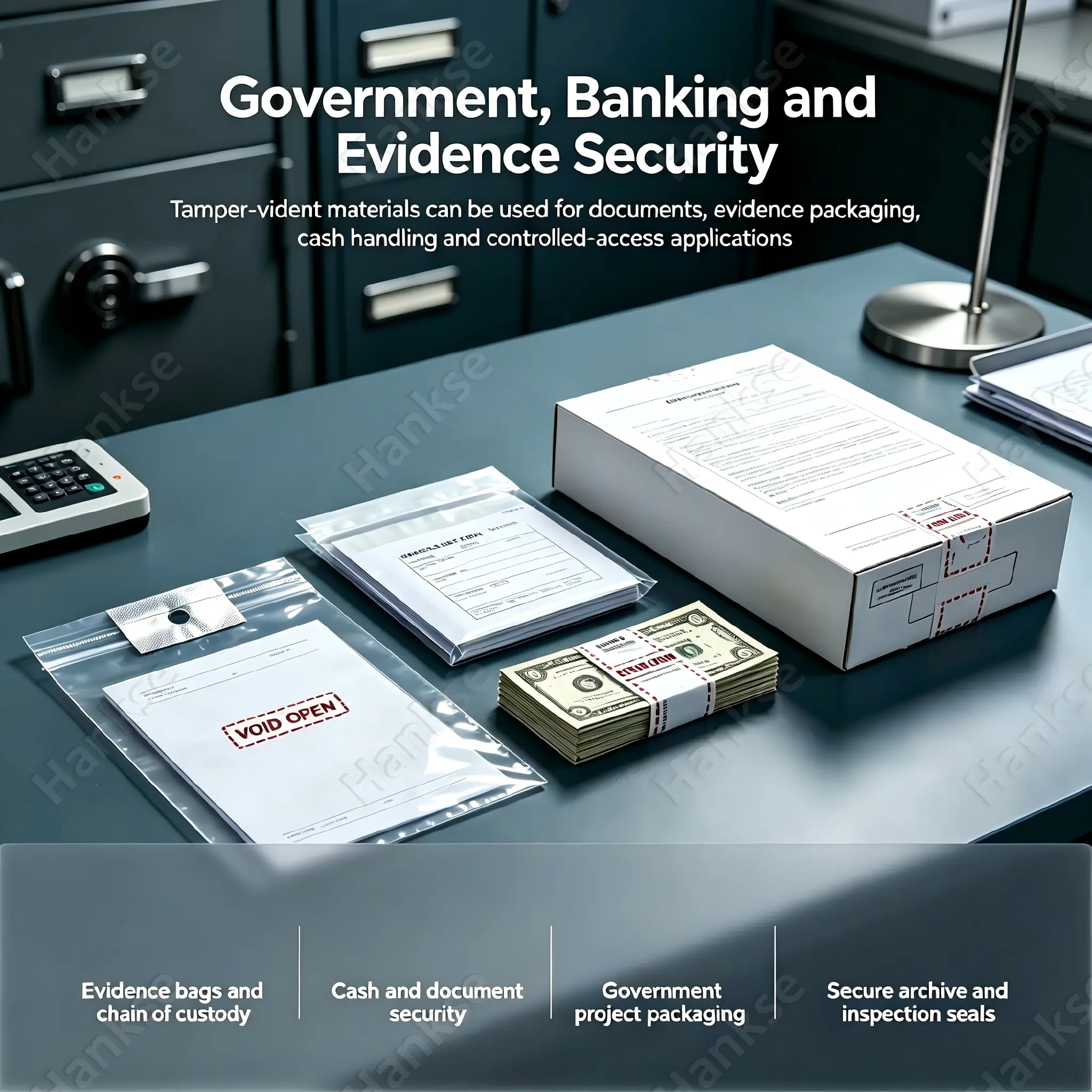 Tamper evident materials for evidence bags banking and document security