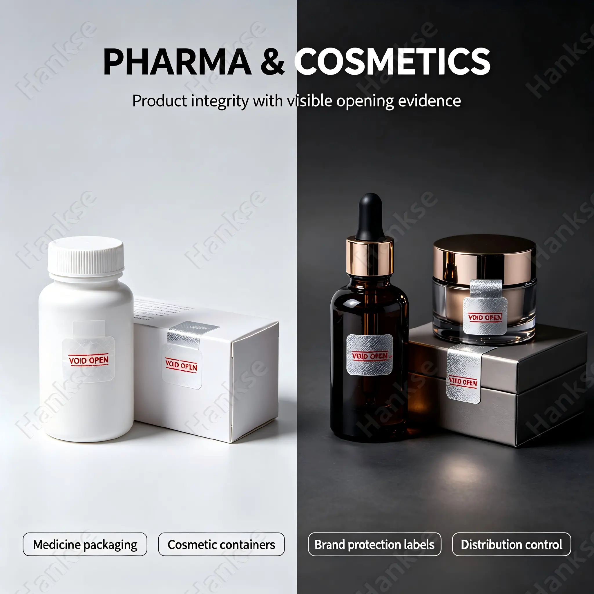 Tamper evident labels for pharmaceutical and cosmetic packaging