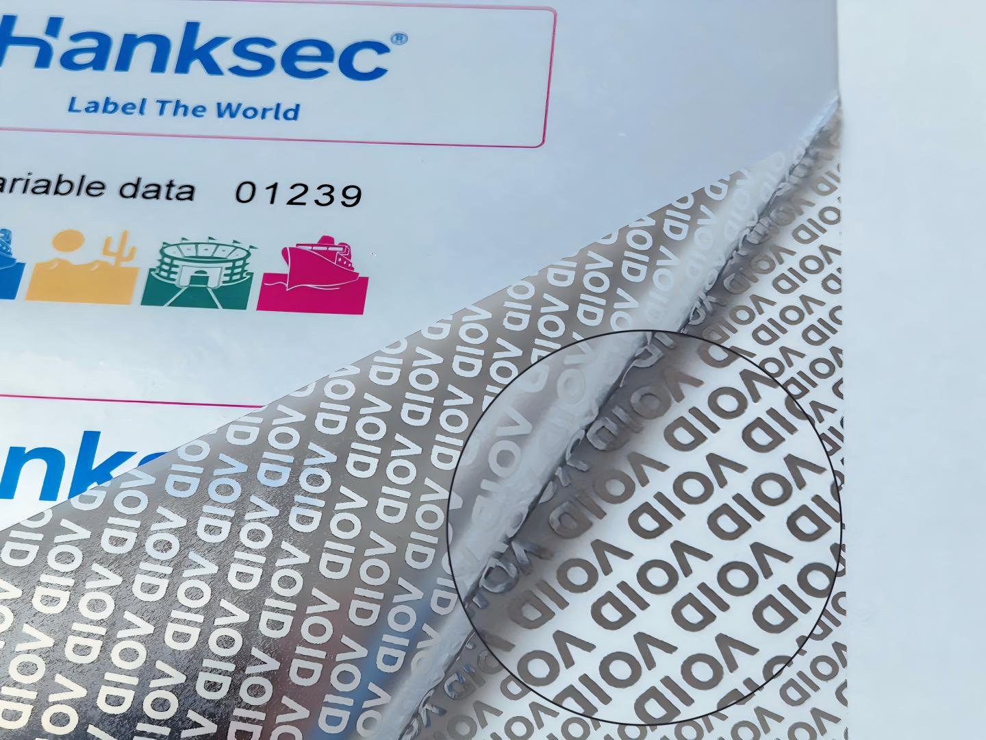 Custom logo and warning text printed VOID labels